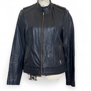 Apt. 9 Black Leather Jacket with Stand-Up Collar and Fitted Silhouette‎